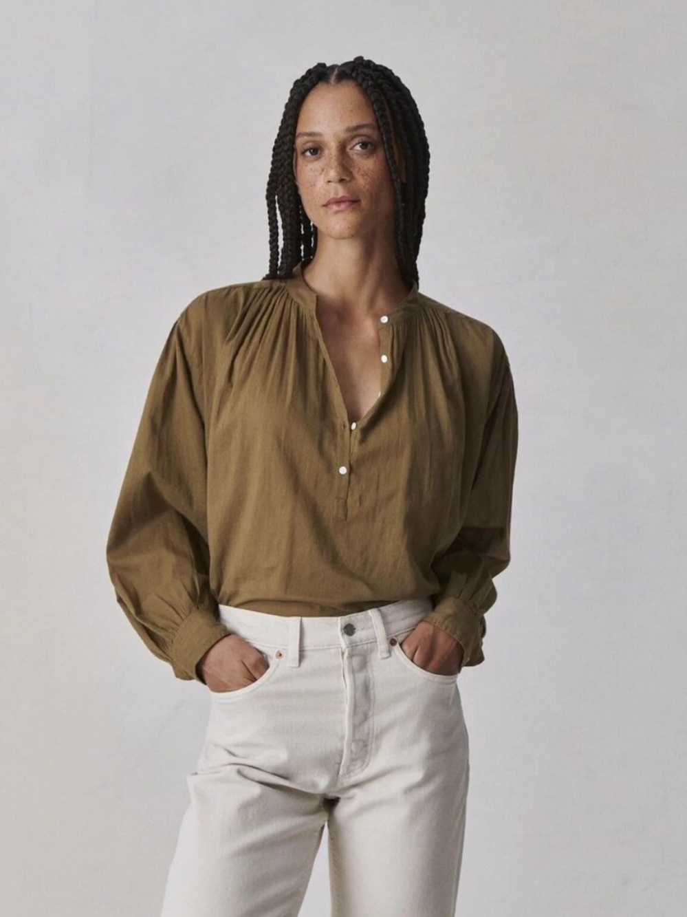 NWT Buck Mason Blouse Heirloom Ojai Cotton Button Down in Bronze Brown